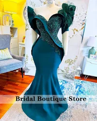 Elegant Aso Ebi Green Evening Dresses Beading Crystals Feathers African Wedding Prom Birthday Party Dress Robes Customized