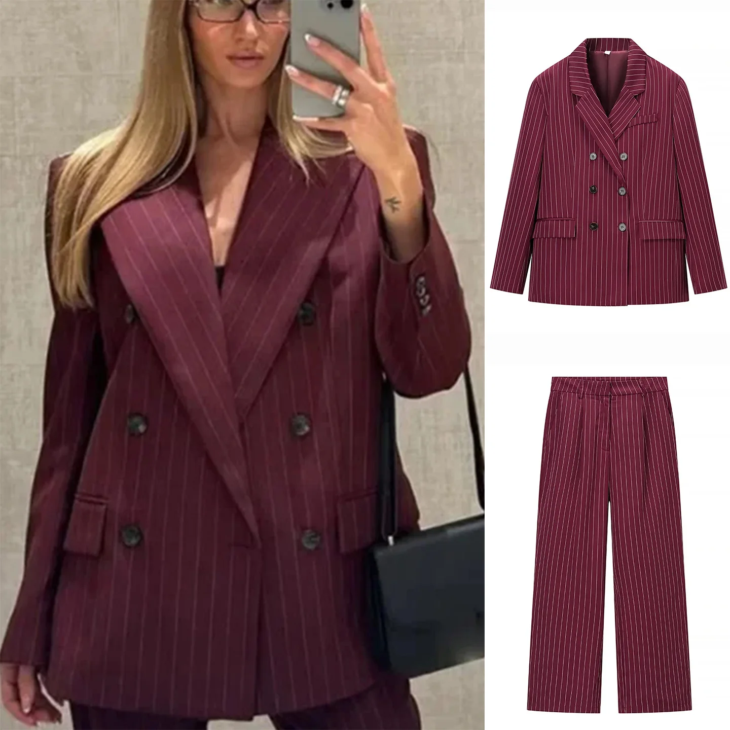 

Осенне-зимний женский костюм: пиджак с отложным воротником, в полоску, на двубортной застежке с множеством пуговиц, и повседневные брюки прямого кроя.