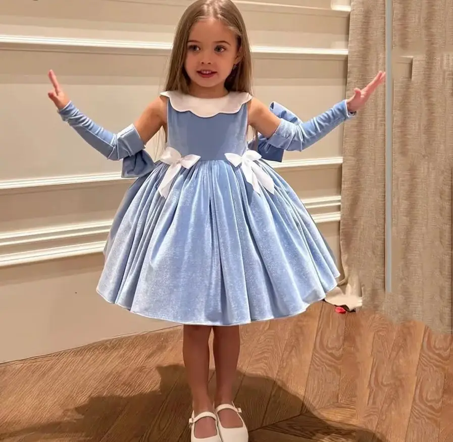 Princess Velvet Sleeveless Flower Girls Dresses For Wedding Pleated Bow Puffy Kids Birthday Party First Communion Gown Custom