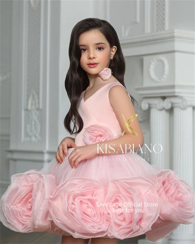 Sevintage Cute Pink Baby Flower Dresses 3D Flowers Sleeveless Birthday Gifts Wedding Dresses For Kids ropa de niña Customized image 2