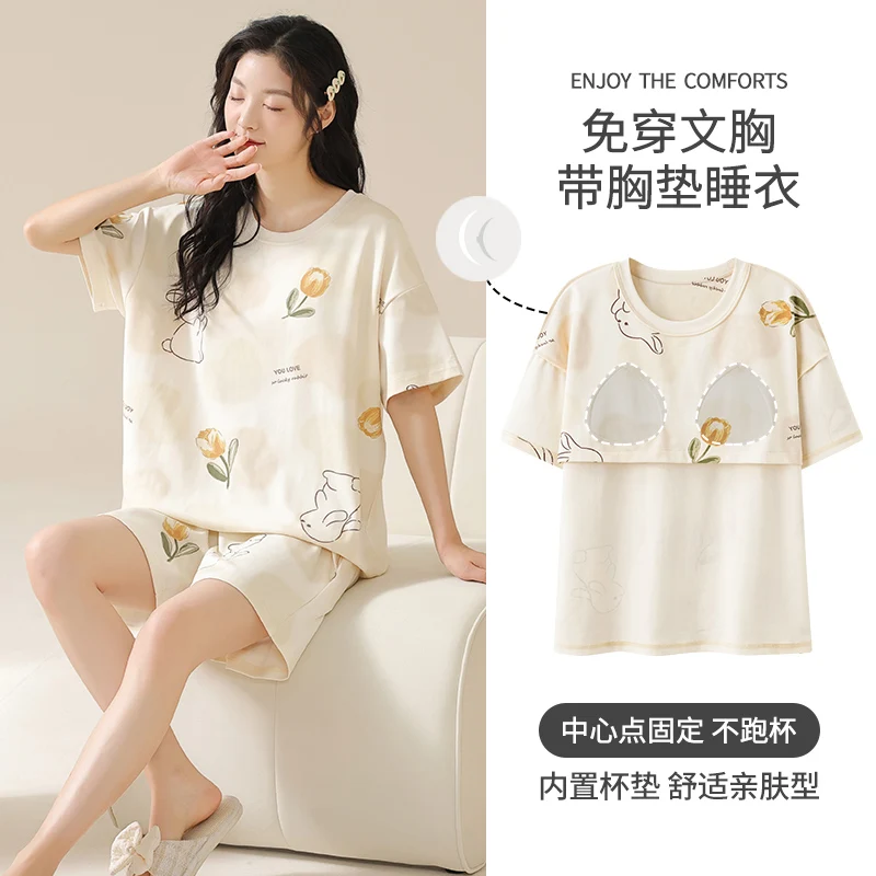 Newest Women Pajamas Set With Chest Pad Summer 100% Cotton Pyjamas Short Sleeve Cute Cartoon Sleepwear