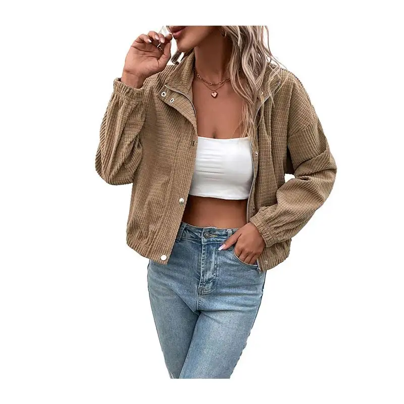 Cappotto autunnale da donna in velluto a coste scozzese ort Jaet con colletto alla coreana, misto poliestere, lungo con chiusura a cerniera