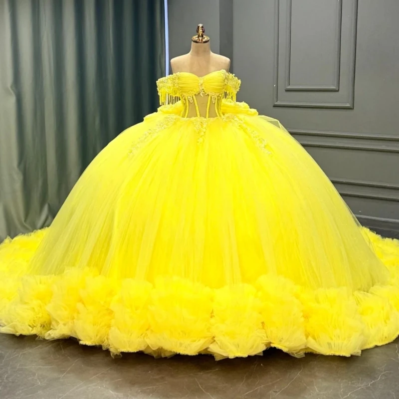 

Yellow Shiny Ball Gown Quinceanera Dresses 2026 Applique Lace Beading Crystal Corset Tiered Tull Off Shoulder Sweet 16 Dress