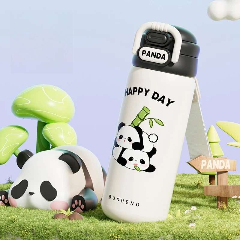 

Stainless Steel Thermos Cup Cute Panda Straw Water Cup Children and Students Double Elastic Cover Tide Play Sports Water Cup