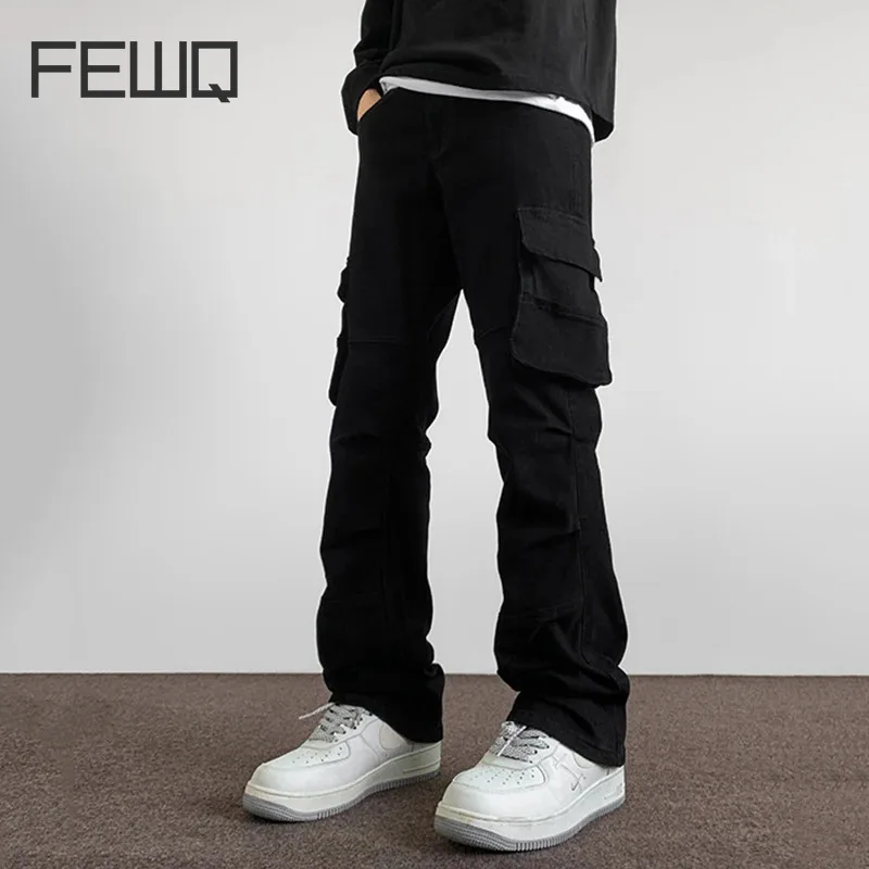 

FEWQ American High Street Darkwear Spliced Workwear Jeans 2024 Solid Color Cargo Pants Multiple Pockets New Fashion 24X4514