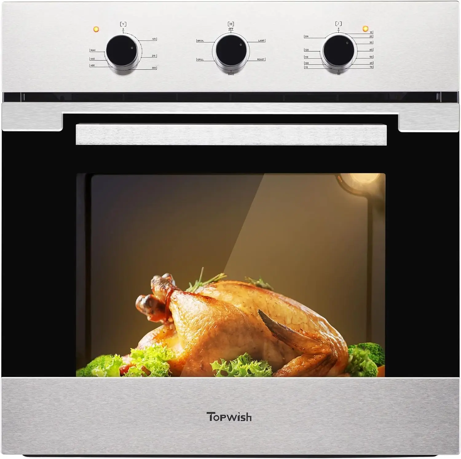 2.3 Cu.ft. Built-in Electric Wall Oven 5 Cooking Functions Roast Bake Grill Broil, Mechanical Knobs Control, Stainless Steel Fin