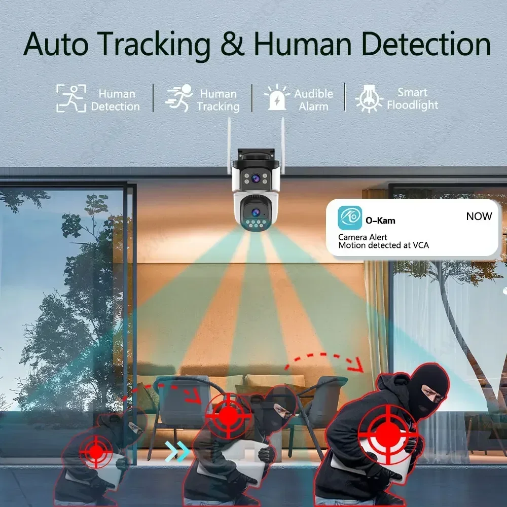 Wifi PTZ Camera Dual Lens Dual Screen 4K 8MP HD Outdoor IP Camera Auto Tracking Security Protection CCTV Surveillance O-Kam App