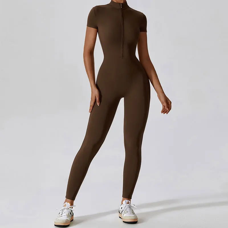 Summer Short Sleeved Zippering One-Piece Yoga Suit Dance Fitness Workout Set Stretch Bodysuit Gym Clothes Push Up Sportswear