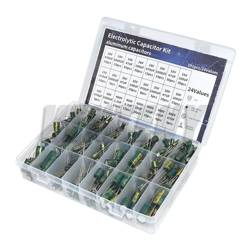 391pcs High Frequency 10V 16V 25V 35V 50V 400V Electrolytic Capacitor Kit 24 Values for TV LCD Monitor Game