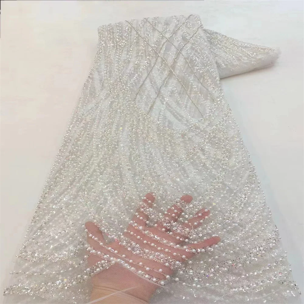 Alta qualità moda africana paillettes Tulle ricamato sposo lacci tessuto perline paillettes tessuto di pizzo per matrimonio nigeriano XZ3758