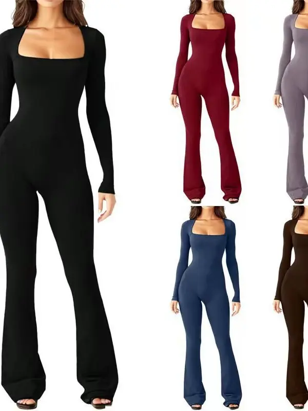 

Комбинезон с квадратным воротником и широкими штанинами Long Sve Женский цельный костюм с подтяжкой талии, увеличивающий ягодицы, длина миди, полиэстер