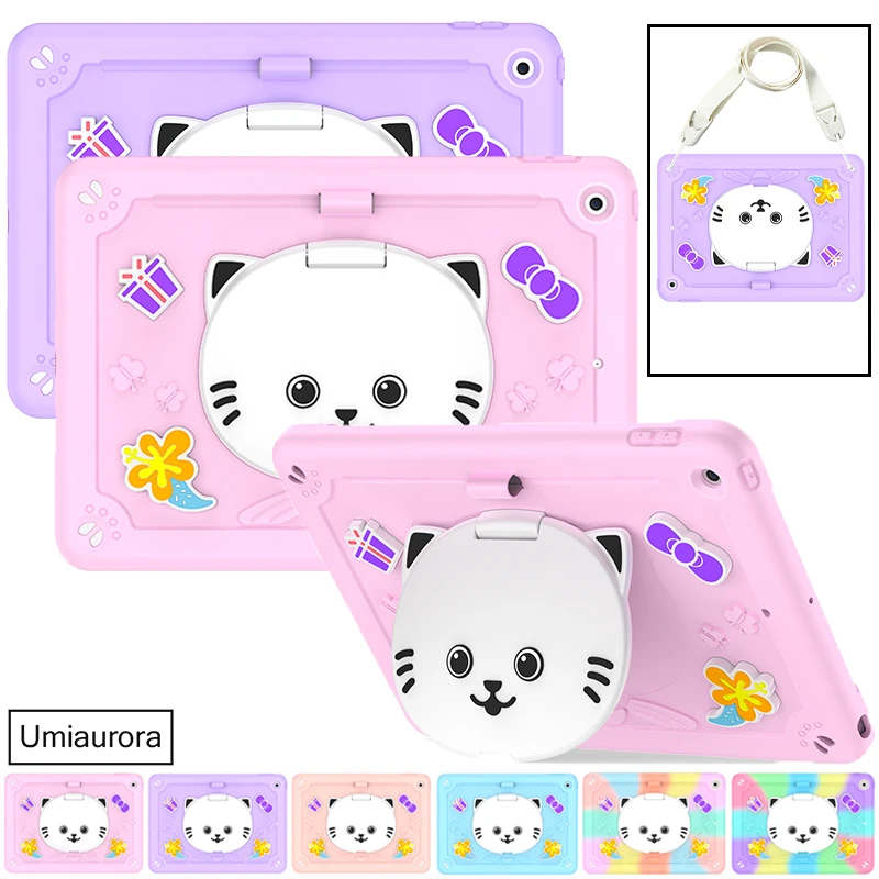 

For IPad 11th 11 inch A16 2025 7th 8th 9th 10.2 10th Gen 10.9 Cartoon Cat Stand Strap Tablet Case Shockproof Rugged Cover Funda