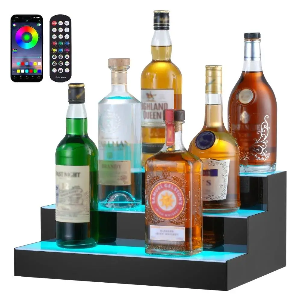 

LED Lit Liquor Bottle Display Bar Shelf with RF Remote & App Control 16 Inch 3 Step