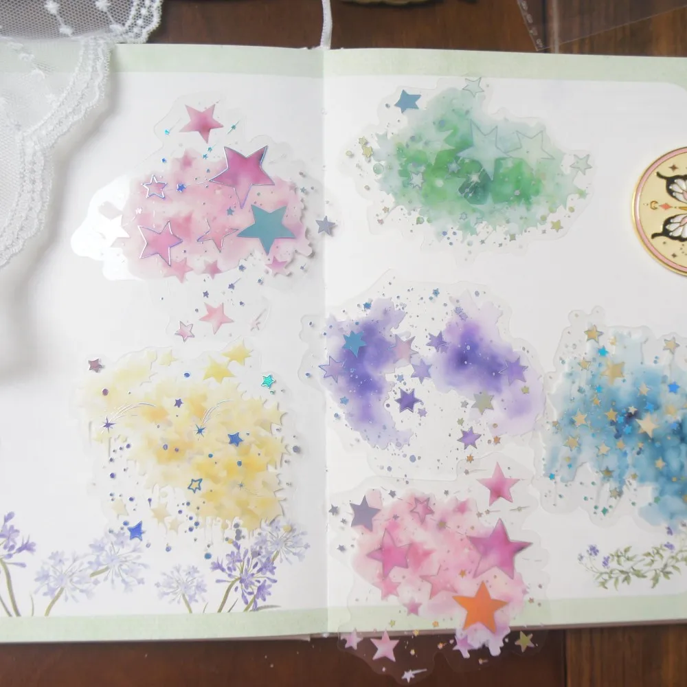 10 Pcs Watercolor Paint Hide Silver Stars Style PVC Sticker Scrapbooking DIY Gift Decoration Tag