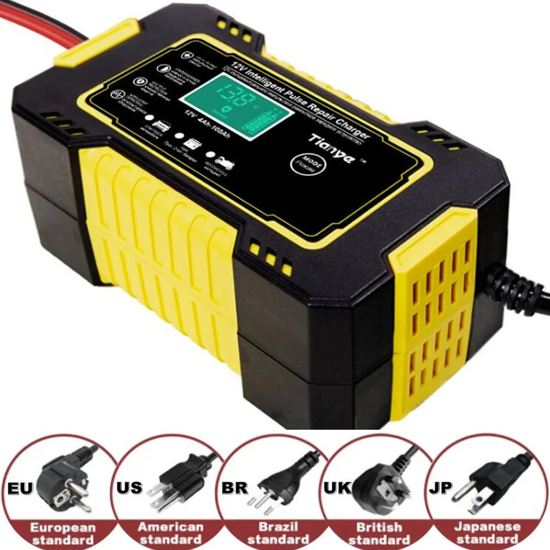 Car Battery Charger 12V Intelligent Pulse Repair LCD Smart Fast Charge AGM Deep Cycle GEL Lead-Acid Charger For Auto Motorcycle