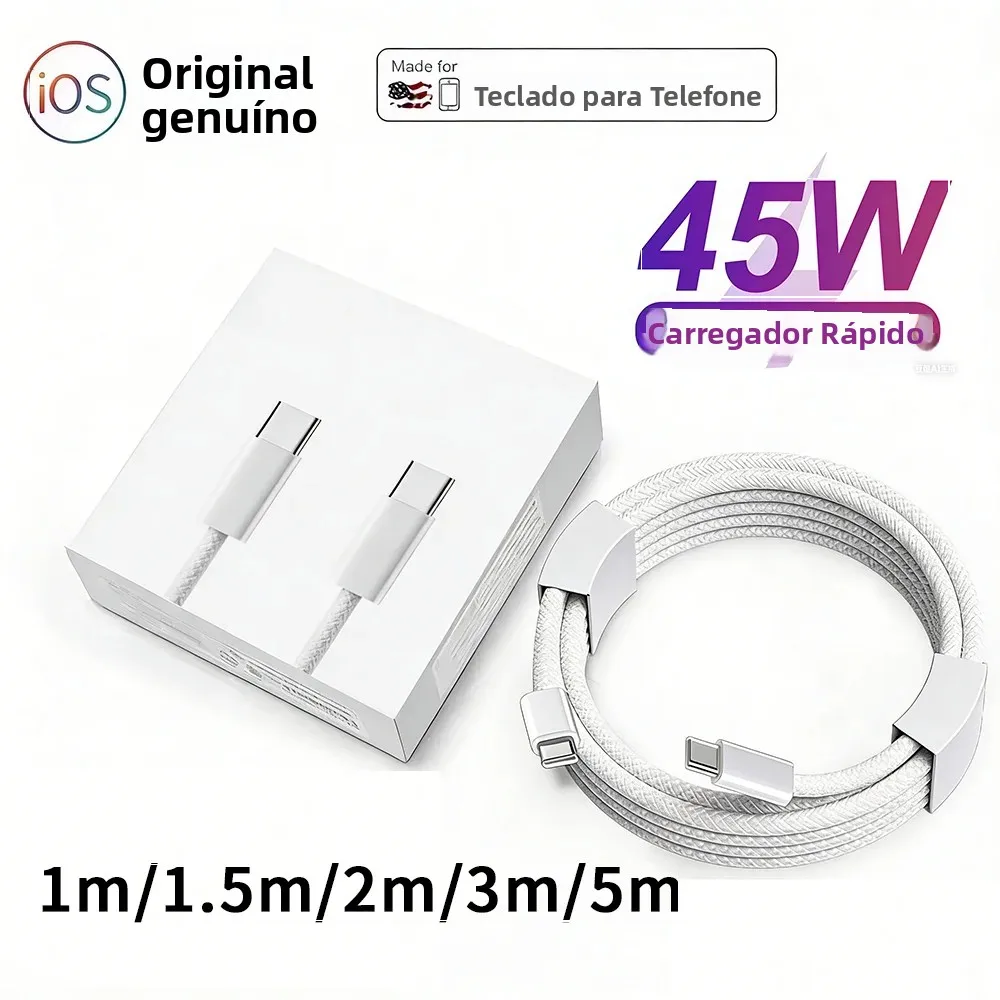 Cabo de Dados USB C para USB C com Carregamento Rápido PD 45W para iPhone 15 15Pro Xiaomi Huawei, Cabo Tipo C Trançado, Acessórios.