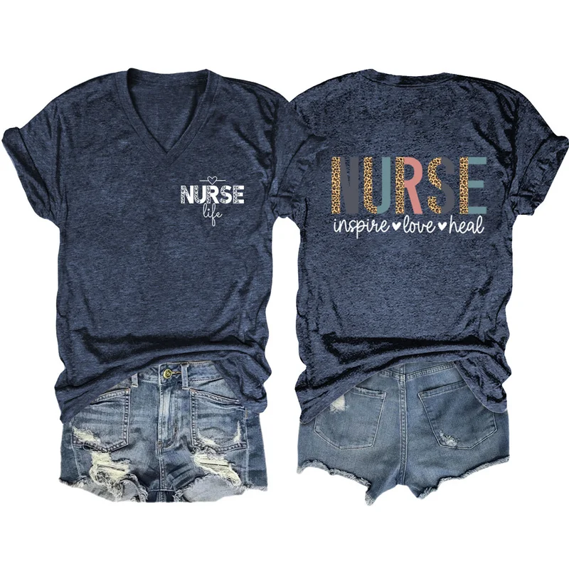 New cotton reversible printed V-neck short-sleeved Nurse inspire love heal personalized character mother and daughter T-shirt
