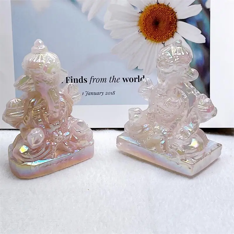 Natural Aura Rose Quartz Ganesha Statue Carving Reiki Healing Fengshui Stone Home Ornaments Decoration Holiday Gift 1pcs