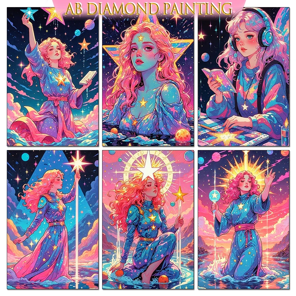 Cartoon Universe Star Girl 5D Full Round Diamond Painting Kits Cute Cosmos Magic Woman DIY AB Drills Mosaic Cross-stitch