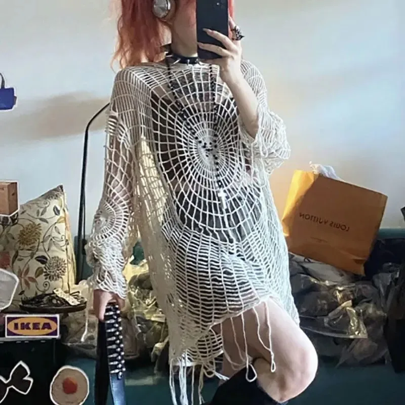

Hollow Knit Hooded Tops Women's Goth Spider Web Sweaters Female Korean Fashion Fishing Net Blouses Babes Mesh Pullovers