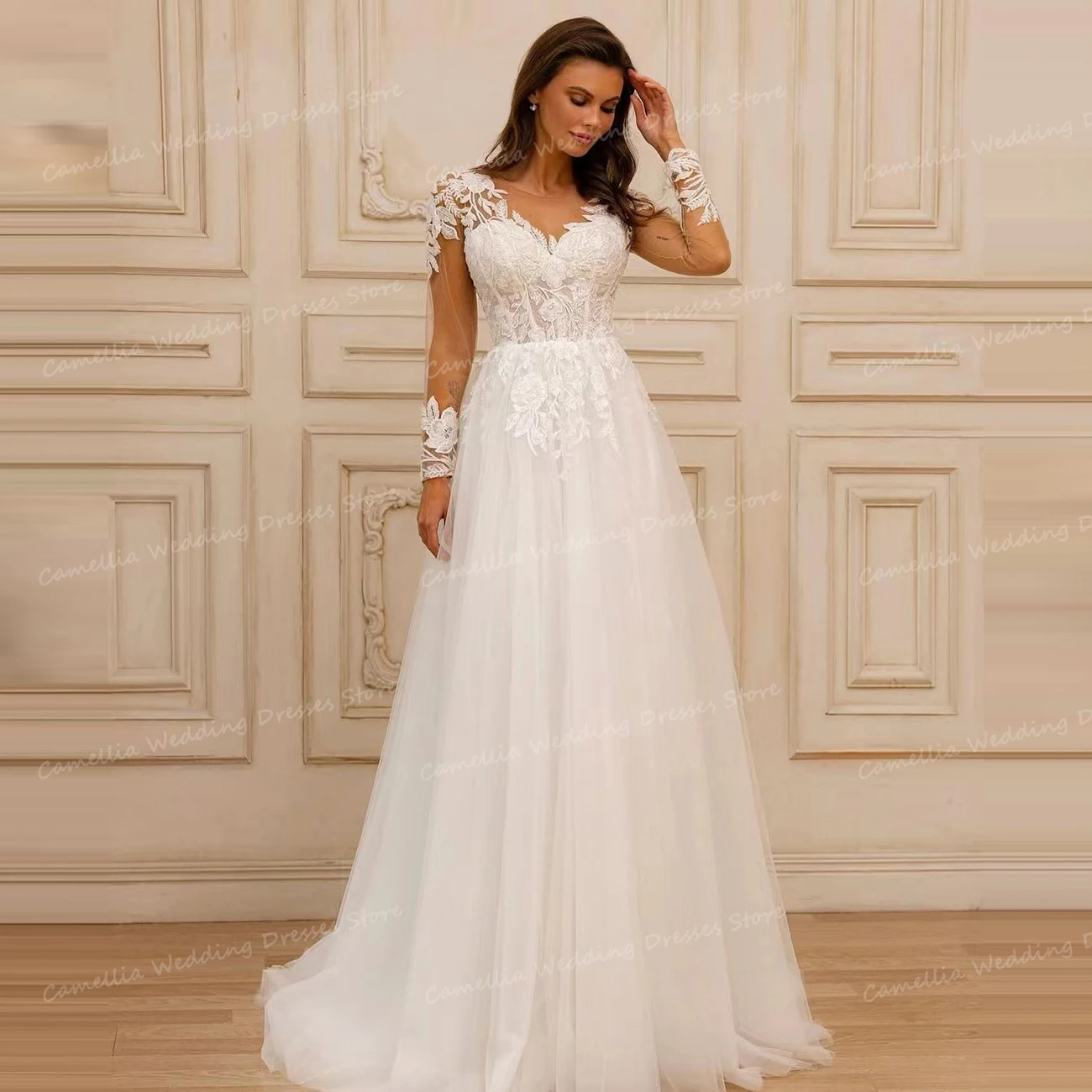 2024 abiti da sposa Vintage Sexy A Line Appliques A maniche lunghe da donna per abiti da sposa Fluffy Tulle Sweetheart Backless Vestido