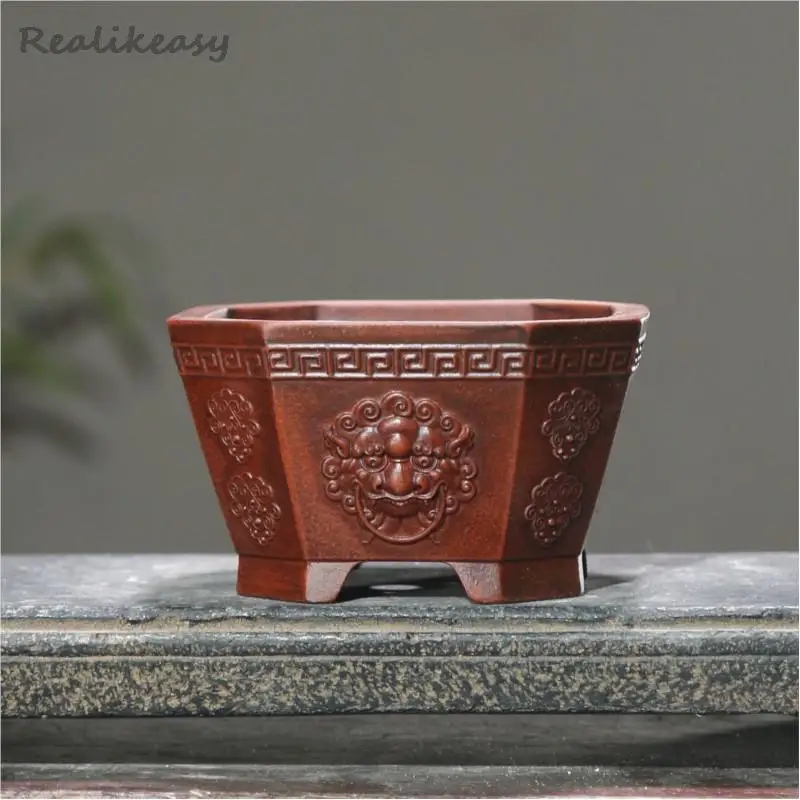 7Size Purple Clay Flowerpot Rectangular Elephant Pattern Antique Handmade Flowerpot Home Office Desktop Decorative Flower Pot