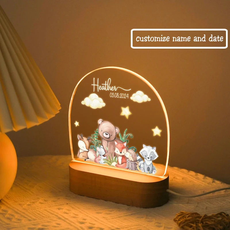 Personalized Acrylic Woodland Animals Forest Plaque with LED Night Light For Baby Children\'s Bedroom Nursery Light Birthday Gift