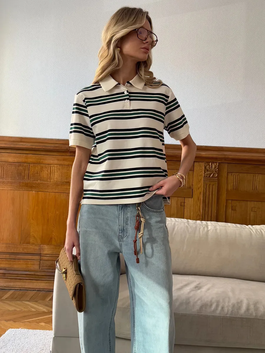 الرجعية المتناقضة قميص بولو مخطط 2025 الربيع والصيف المرأة موضة فضفاضة لينة غير بيلينغ القطن قصير الأكمام تي شيرت