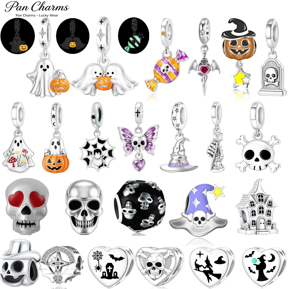 Pan Charms Glow In Dark Skull Ghost Halloween Pendant Beads Fit Original Bracelet Jewelry DIY Spooky Gothic Gift for Women Her