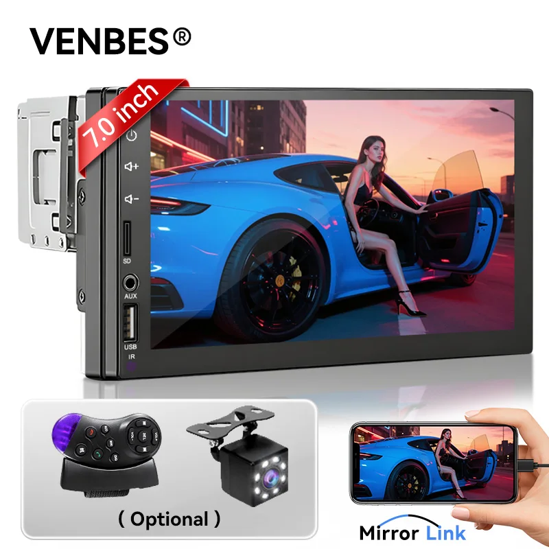 

VENBES Universal Autoradio Mirror Link 1 DIN Touchscreen 7 Inch Multimedia Playback Bluetooth Reversing Camera USB TF FM