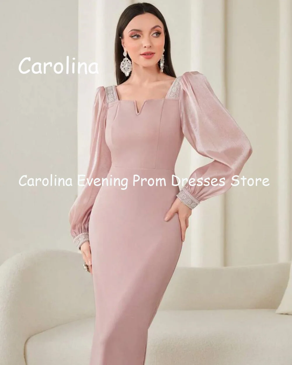 Carolina Satin Mermaid Square Neck Ruffle Prom Gown Ankle Length Saudi Evening Formal Elegant Party Dress for Women 2023