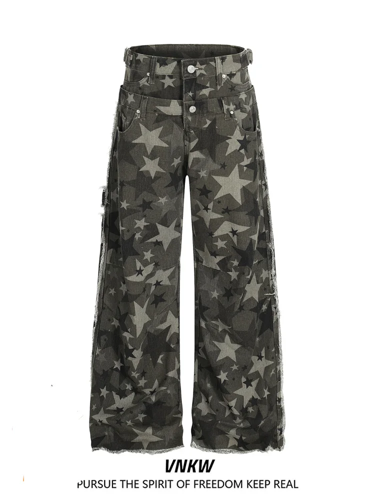 

Retro American Camouflage Print High Waist Wide Leg Work Pants Men Women Loose Trendy Brand Deconstructed Straight Casual Pants