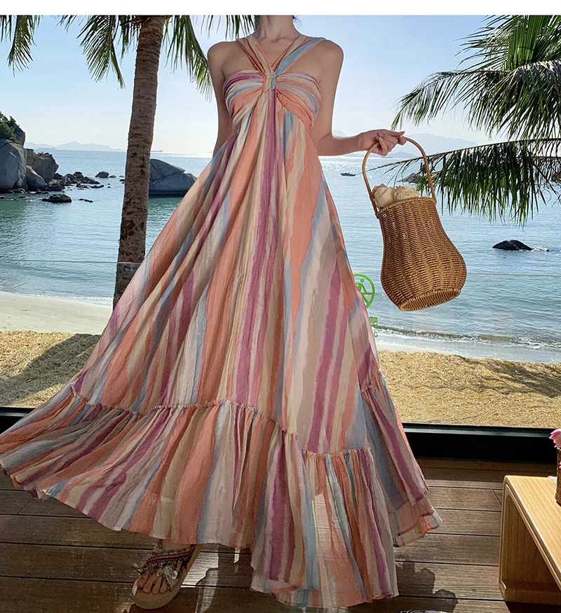 Robe longue à rayures pour femmes, vêtement de plage, col licou, style bohème, taille maxi, été