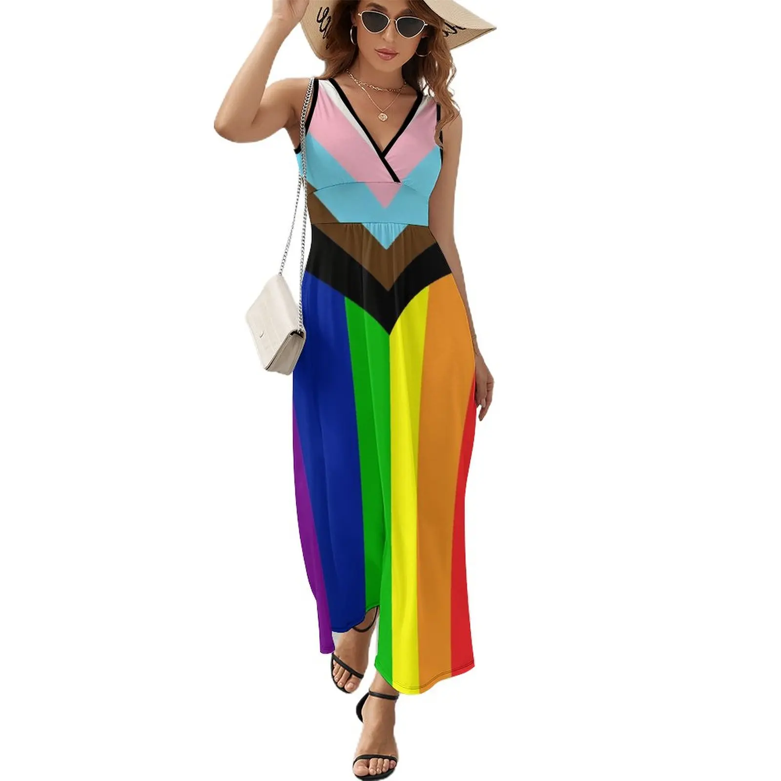 

Progress Pride Flag Rainbow Gay Lesbian Transgender Bisexual LGBTQ Dress Summer Street Wear Boho Beach Long Dresses Women High W