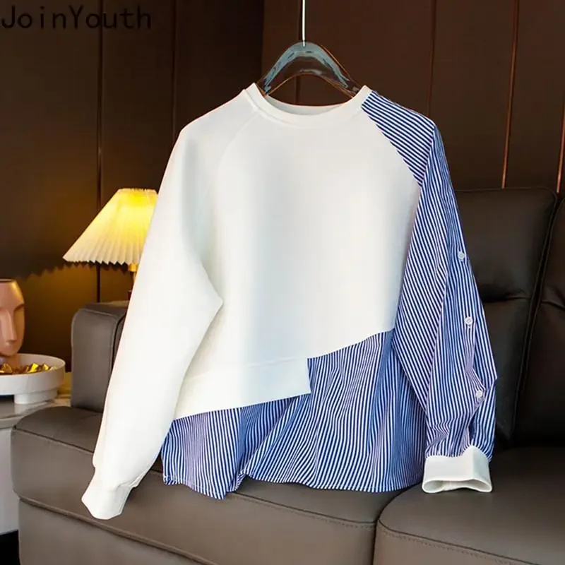 

Streetwear Temperament Sweater O Neck Patchwork Pullover Fashion Women Hoodies Autumn Irregular Striped Loose Pullovers Tops