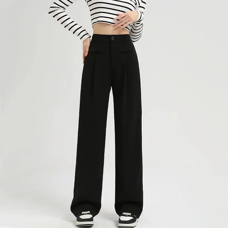 Calça feminina de cintura alta de perna larga, calça casual feminina de botões, moda coreana, solta, reta, primavera, outono, 2022