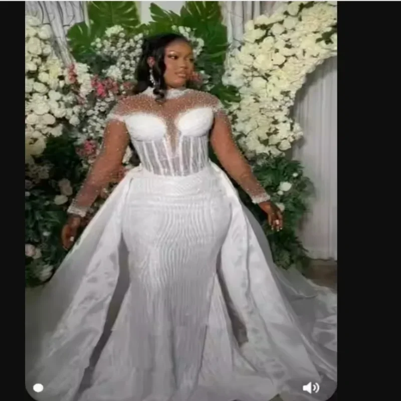 Customized  See Through Beads Sequins Wedding Dress Vestido De Casamento  Long Sleeves Bridal Gown with Removable Skirt