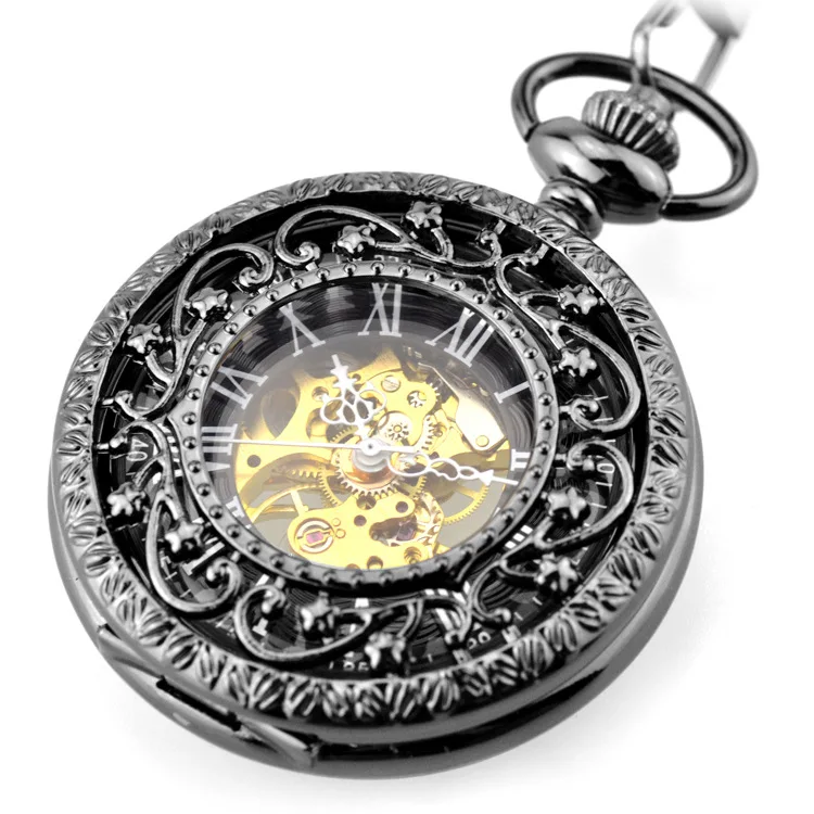 Luxury Hollow Case Roman Number Dial Mens Hand Wind Mechanical Pocket Watch With FOB Chain