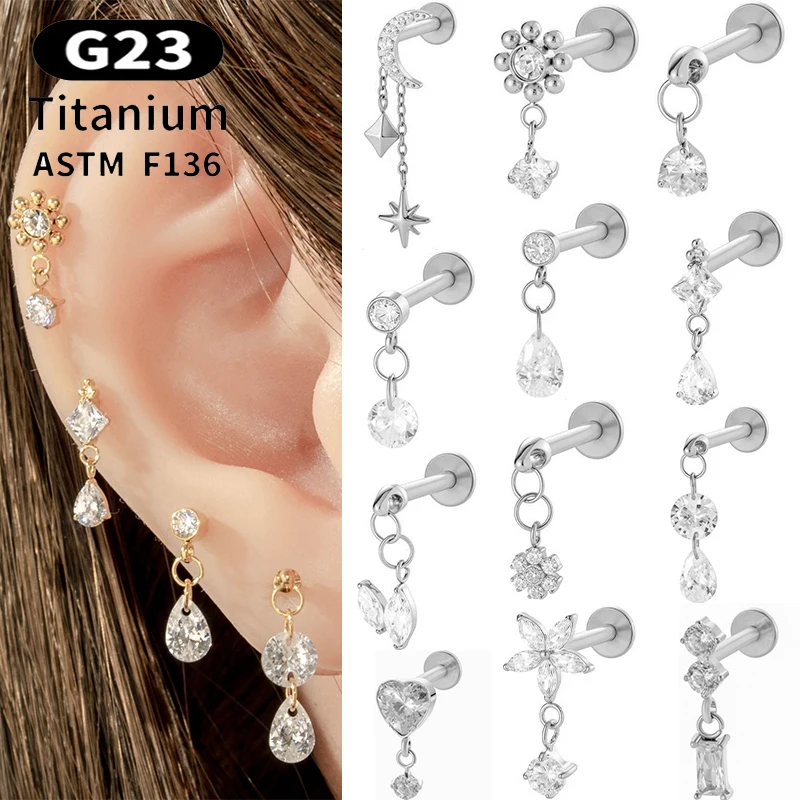 1PC G23 Titanium 16G Ear Stud Internal Thread Flatback Lip Stud CZ Flower Pendant Helix Tragus Cartilage Labret Piercing Jewelry