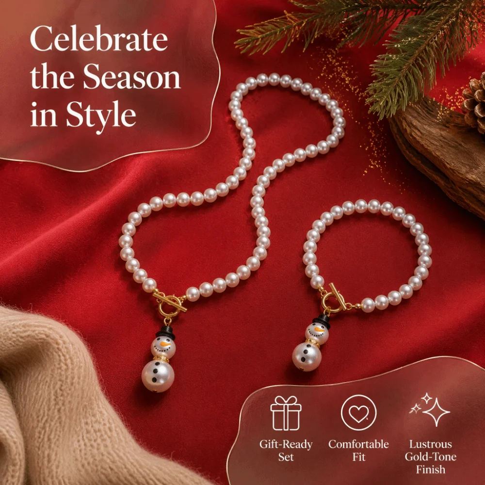 New OT Clasp Imitation Pearl Jewelry Set Elegant Delicate Snowman Necklace Stackable Cute Christmas Bracelet Casual