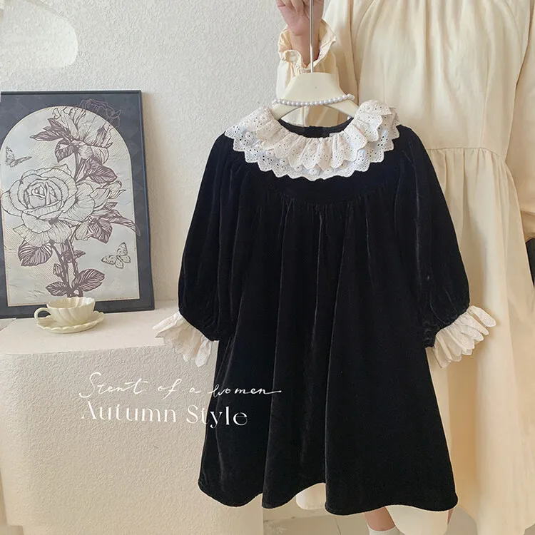 Girls Black Skirt 2024 Autumn New French Long-sleeved Princess Dress Virgin Girl Treasure Doll Collar Velvet Fashion Dress