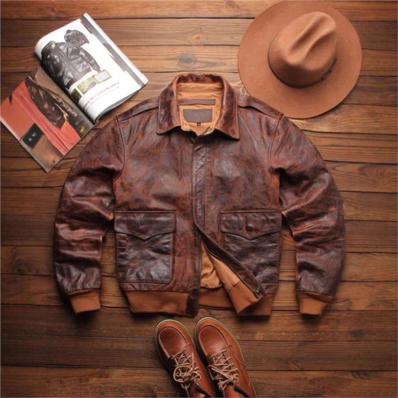 

Men's leather with a lapel tree grain oil wax cowhide coat