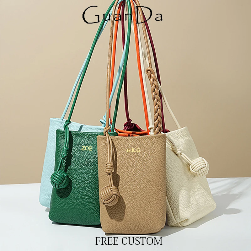 Cowhide Woman Casual Crossbody Bag Custom Initials Lady Travel Fashion Phone Bag With Handwoven Ball Luxury Bucket Bag Handbag