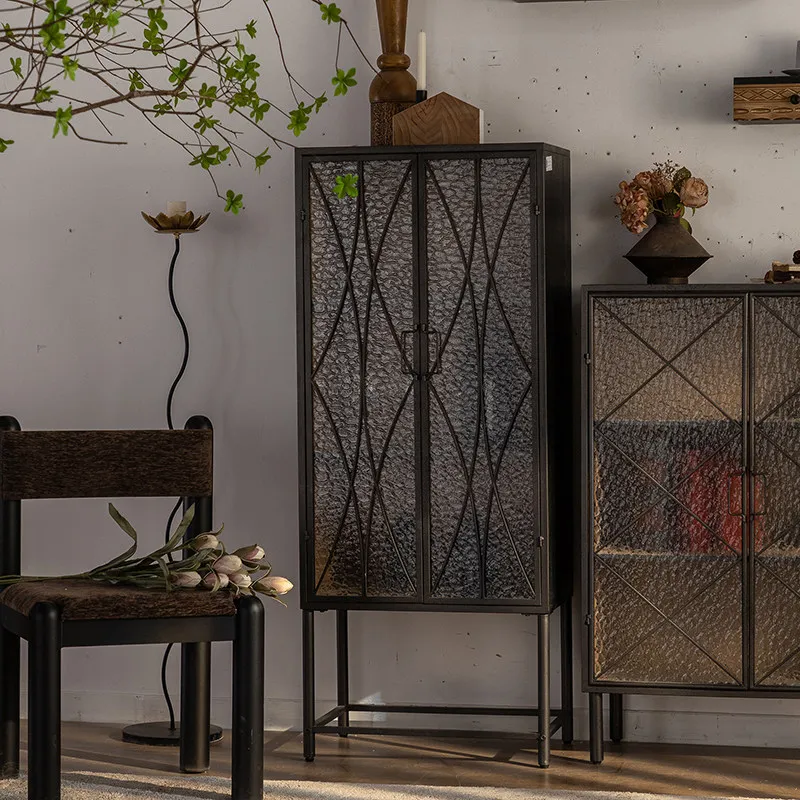 Retro wrought iron dining side cabinet, water pattern glass door, living room against the wall, black small size sofa side cabin