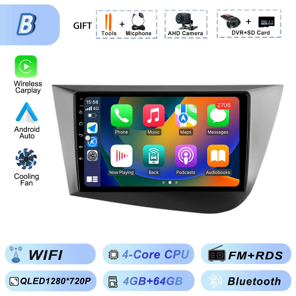 Draadloze Carplay Android 15 voor Seat Leon 2 2005-2012 Multimedia Video Player Wifi Autoradio Navigatie GPS Stereo Android auto