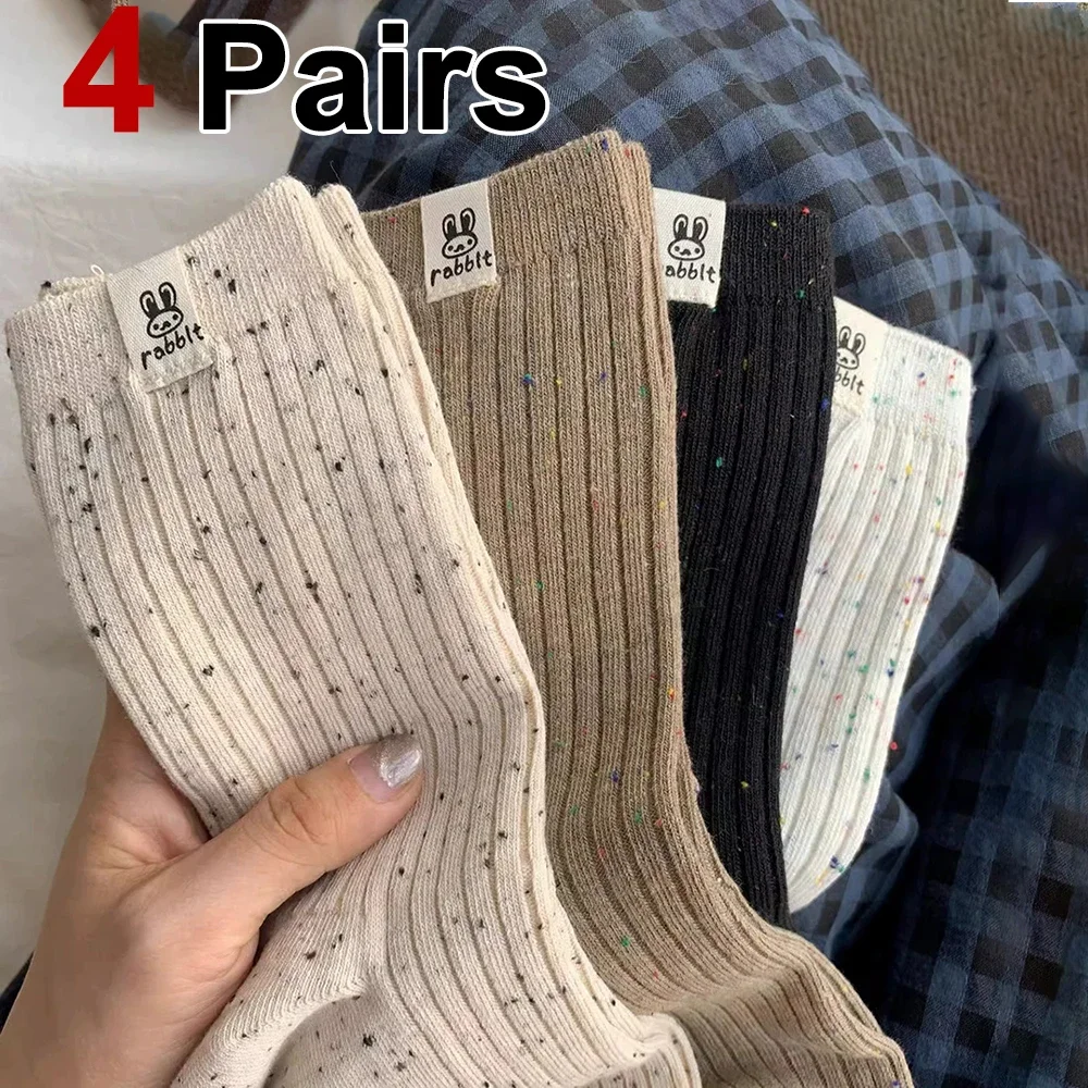 

4 Pairs Women Cartoon Printed Mid Tube Sock Fashionable Colored Dot Yarn Sweat Absorbing Breathable Soft Comfortable Casual Sock