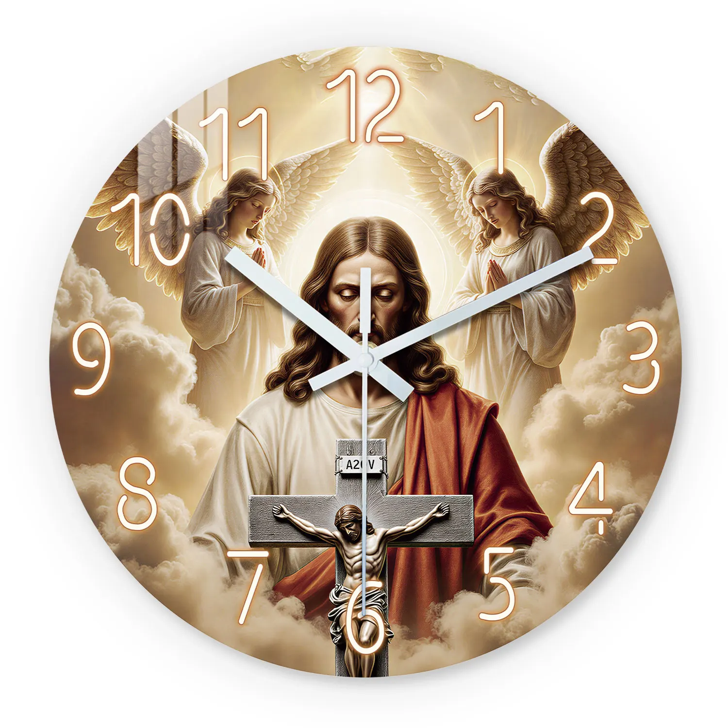 Jesus Angel Religious Pattern Wooden Wall Clock, 10-24inch Silent Wall Clocks, Aa Battery Powered, Suitable for Living Room, Bedroom, Study Room, (Batteries Not Included), Easter, Mother's Day, April Fool's Day