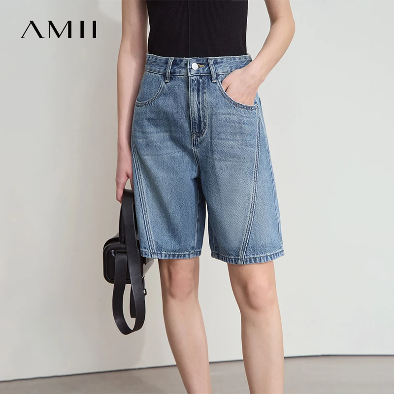 AMII Women Jeans Shorts Minimalist 2025 Summer New Cotton Wide Leg Pants Lady Casual Pocket Fashion Design Denim Shorts 12542205