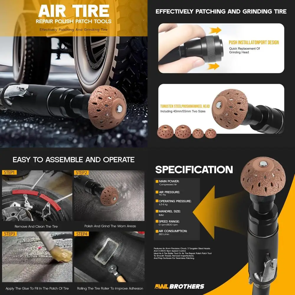

Инструменты для ремонта воздушных шин — низкоскоростной буфер для шин 2500 об/мин с полировальным колесом из вольфрамовой стали, скребок для внутреннего вкладыша, Patc