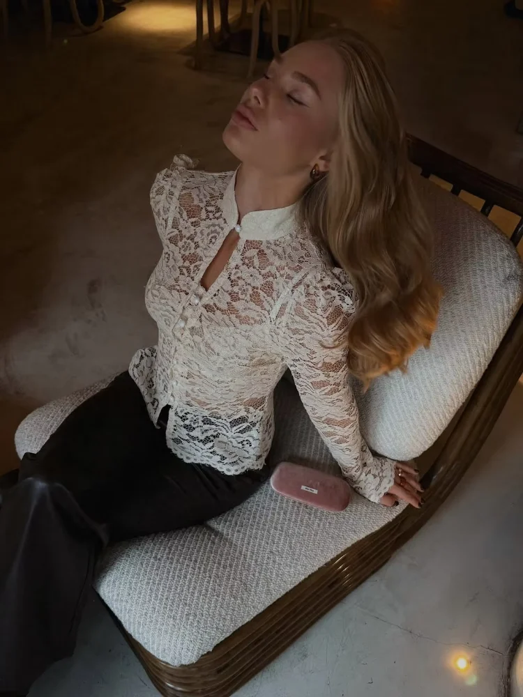 

Sexy White Lace Single Breasted Shirt Women Elegant Stand Collar Full Sleeve See Through Slim Shirts 2025 New Lady Street Wear
